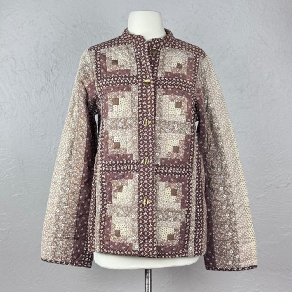 VINTAGE 70s Handmade Log Cabin Quilt Jacket‎ Brown Calico Patchwork Medium